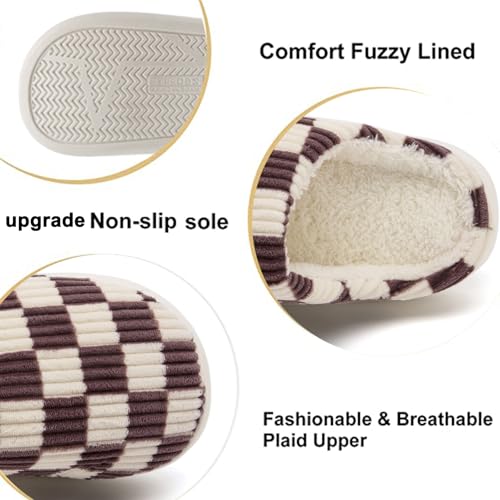 Image of Yueerlu House Slippers for Women Men, Fuzzy Checkered Mens Womens Slippers Warm Memory Foam House Shoes Indoor Outdoor with Faux Fur Lining
