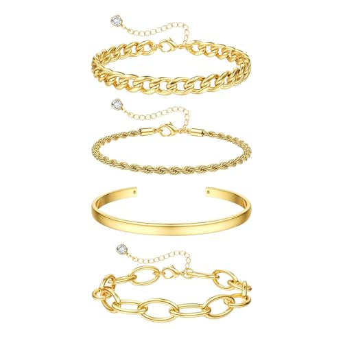 Bklphsey 16k Chunky Gold Bracelets for Women Trendy Womens Gold Bracelet Stack Layered Chunky Chain Bracelets Waterproof Link Cuff Herringbone Bracelet Fashion Accessories Gifts for Women