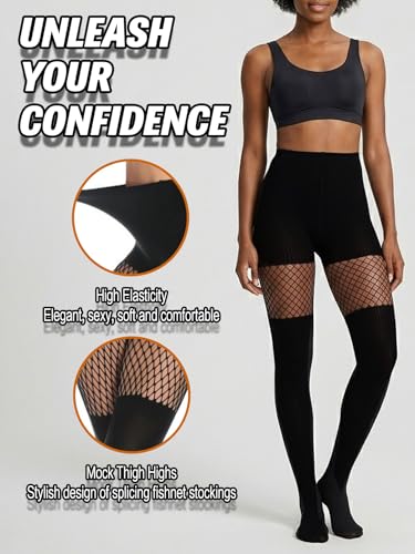 Image of Sexy Faux Thigh High Tights Mock Suspender Pantyhose Fishnet Stockings Striped Goth Fishnets for Women