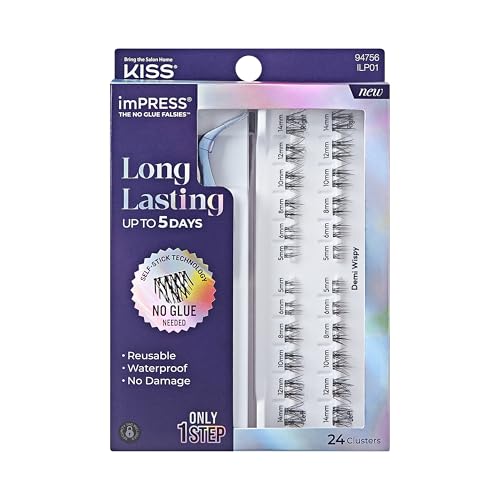 Kiss Impress Falsies Long Lasting Self Adhesive Eyelashes, ‘Demi Wispy’, 5 Day Extended Wear, 24 Light Volume Lash Clusters (5,6,8,10,12, & 14mm), Precision Non-Stick Applicator product photo