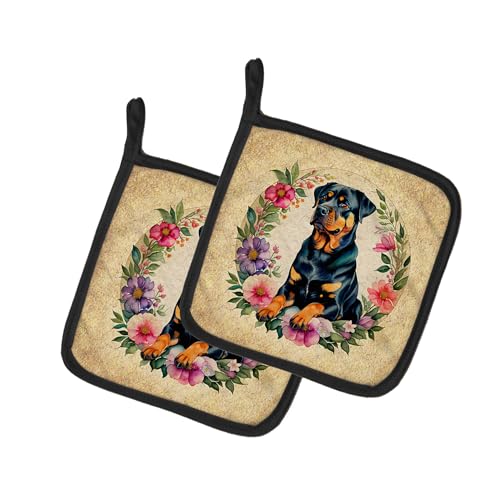 Caroline's Treasures Rottweiler and Flowers Pair of Pot Holders Kitchen Heat Resistant Pot Holders Sets Oven Hot Pads for Cooking Baking BBQ, 7 1/2 x 7 1/2