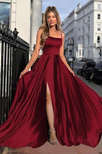 Image of MisShow Champagne Bridesmaid Dresses Side Slit SatinLong Formal Evening Dresses Evening Prom Gown for Women Anniversary L