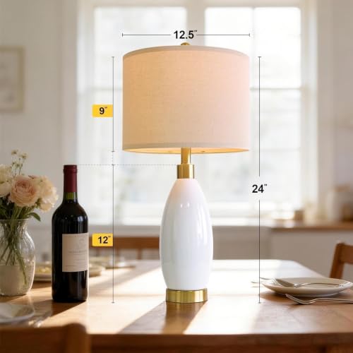 Image of USumkky 24 inch White Oval Ceramic Table Lamp Set of 2, Modern Minimalist Bedside Nightstand Lamps for Bedroom Living Room, Linen Shade & Gold Metal Base, Rotary Switch E26 (Bulbs Excluded)