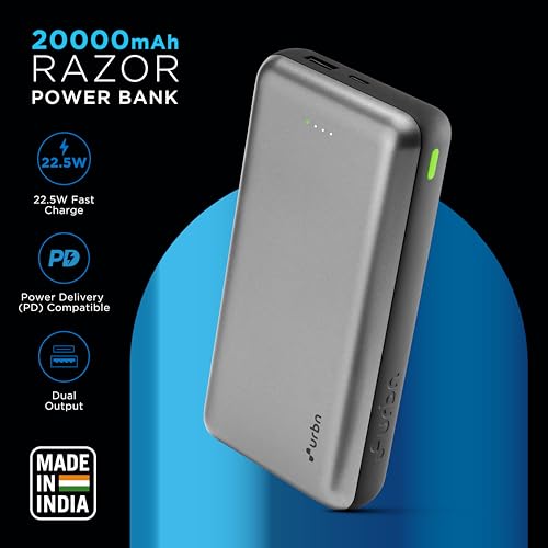 Image of URBN 20000 mAh 22.5W Super Fast Charging Ultra Compact Power Bank with Quick Charge & Power Delivery, Mixed Output Ports (USB-A + Type-C), Made in India, Type C Cable Included (Grey)