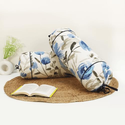 Image of AURAVE Cotton 144 TC Printed Bolster Cover with Drawstring Closure, Set of 2, Soft Breathable Durable Machine Washable for Sofa Bed & Home Decor, 15 inchx30 inch Blue | Cover Only