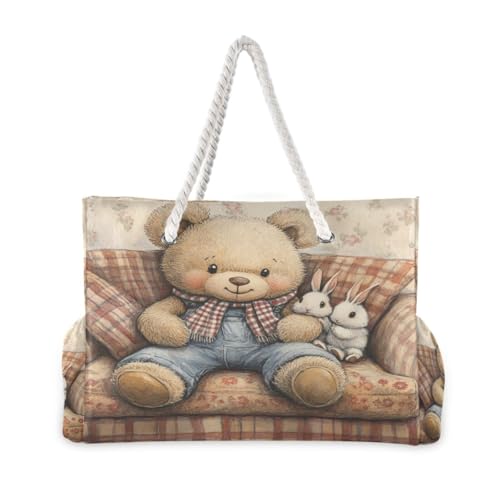 Teddy Bear Wearing Scarf Beach Bag & Travel Tote Bag Large Sandproof with Zipper Closure, Wet Pouch for Swim Gym Travel, Lightweight Foldable Outdoor Bag2