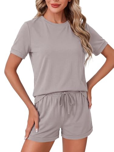 Image of LYANER Pajama Set for Women 2 Piece Lounge Set Striped Crew neck Short Sleeve Tops and Shorts Soft Sleepwear