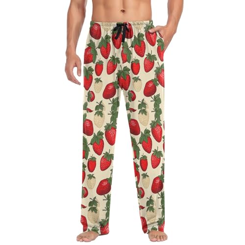 Men’s Strawberry Pattern Pajama Pants with Pockets, Comfortable Lounge Sleep Bottoms#7773