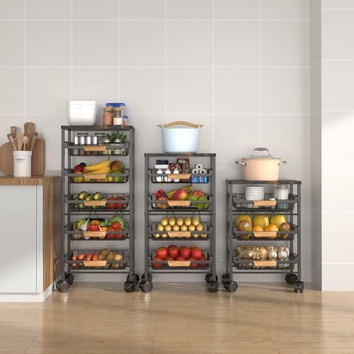 CarolynDesign 5 Tier Metal Wire Basket Cart on Wheels for Kitchen, Stackable Shelf Floor Standing Fruit Vegetable Storage Bins with Pull Out Drawers for Living Room Bedroom and Bathroom image 3