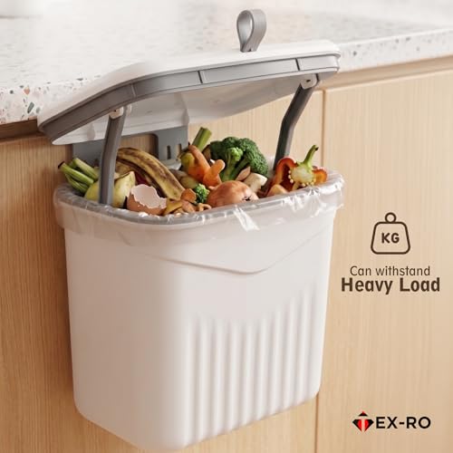 Image of TEX-RO Hanging Dustbin for Kitchen with Lid, 9L Wall Mounted Dustbin for Home with 2-Way Lid Opening, No-Drill Cabinet Door Hanging Trash Can, Plastic Waste Bin for Bathroom Bedroom Office (White)