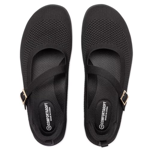 Frank Mully Women's Wide Width Flats Mary Jane Flat Comofortable Knit Ballet Flat Wide Toe Box Dress Shoes with Adjustable Straps