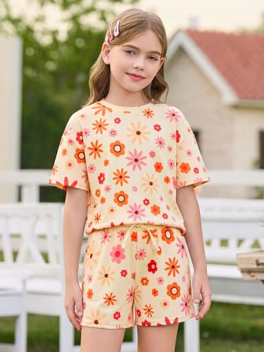 Image of Haloumoning Girls Summer 2 Piece Outfits Kids Oversized T Shirts and Shorts Clothing Sets 5-14 Years