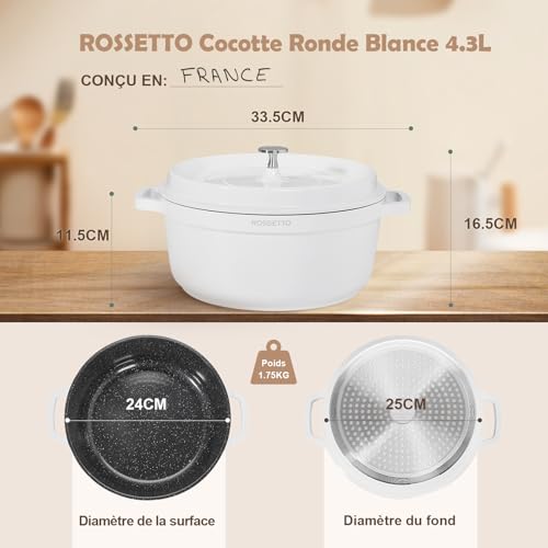 ROSSETTO 4,3L Cocotte ronde en fonte d’aluminium, revêtement antiadhérent en céramique. Couvercle avec picots saveurs. Compatible tous feux dont induction et au four jusqu’à 220° (24cm, Blanc) – Image 7