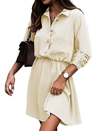 Ybenlow Shirt Dresses For Women Summer Button Down Long Sleeve Dress Tie Waist Business Casual Work Mini Tshirt Dresses (As1, Alpha, L, Regular, Regular, Beige) #TOP4