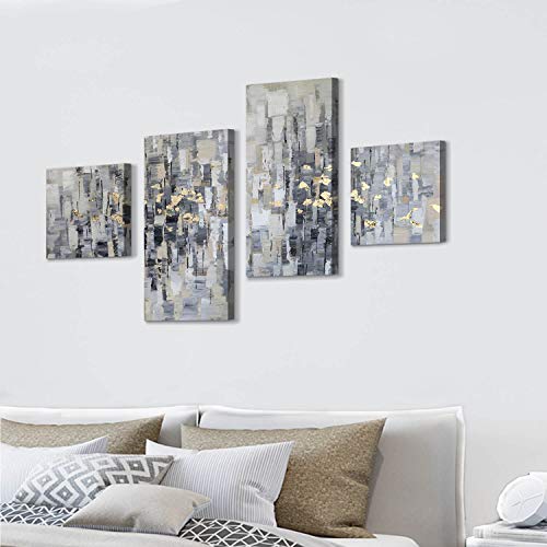 Artistic Path Abstract Canvas Picture Wall Art: Gray Artwork Gold Foil Painting For Living Room Office(Overall 64" W X 39" H, Multi-Sized) #TOP3