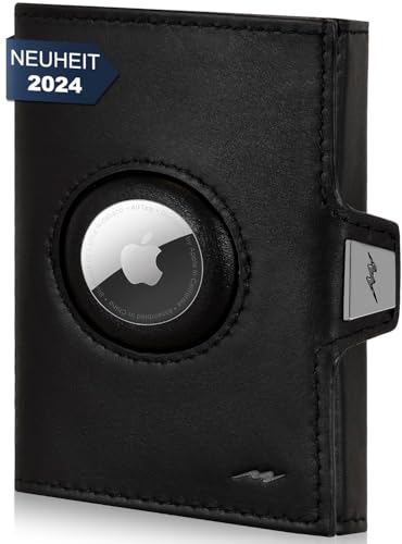 Marc Peter® Jupiter Airtag Leder Geldbörse mit XL Münzfach | Kleines Airtag Portemonnaie für Herren mit RFID | Apple Airtag Mini Geldbörse für Männer |Kreditkartenetui für bis zu 11 Karten Schwarz
