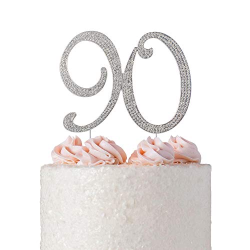 90 Cake Topper | Premium Sparkly Crystal Rhinestones | 90th Birthday or Anniversary Party Decoration Ideas | Quality Metal Alloy | Perfect Keepsake (90 Silver)