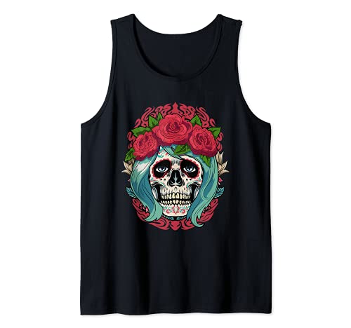 Dia De Muertos Floral Sugar Skull Mujeres Rojo Día de muertos Camiseta sin Mangas