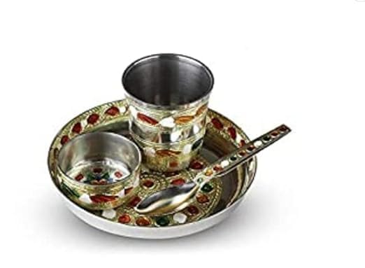 Laddu Gopal ji bartan/Pooja bhog thali Small 4 pcs Set Multicolor Stainless Steel by The Great Indian Store