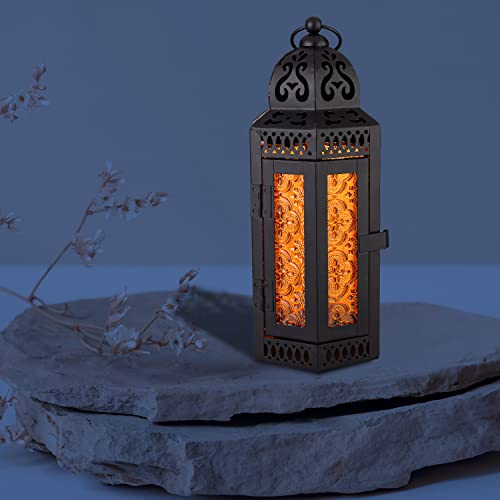 Anrust Black Vintage Decorative Candle Lantern, Moroccan Style Hanging Lantern, Metal Gothic Decor For Indoor Tabletop, Candle Holders For Outdoor Patio Medium Size, Amber Glass Without Led #TOP7