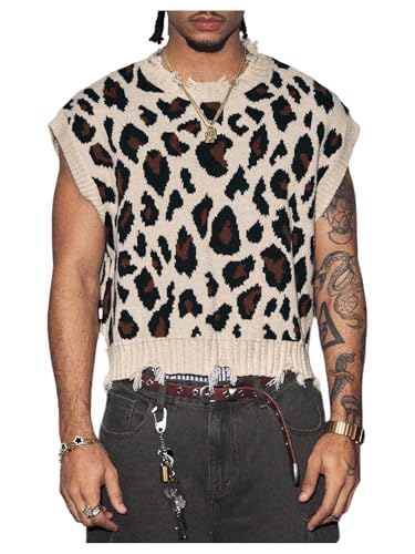 Men's Leopard Sweater Vest Y2k Cheetah Distressed Crewneck Cap Sleeve Knit Tops