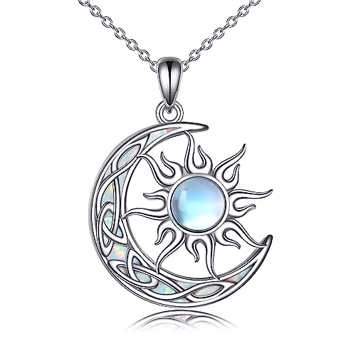 Sun and Moon Necklace for Women 925 Sterling Silver Celtic Crescent Moon Pendant Blue Opal/White Opal/Abelone Shell/Labradorite/Moonstone Jewelry Gift for Teen Girls