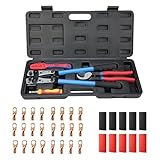 iCrimp Battery Cable Lug Crimping Tool Kit For Copper Lugs Awg 8-1/0,Battery Cable Crimper with Stripper 24pcs Copper Battery Lugs and 10pcs Heat Shrink Tubes, Include Wire Cutter