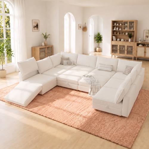 Image of 128 inch Chenille Modular Sofa Bed with Washable Covers & Storage, 10-Seater Modular Sectional Sleeper Sofa Bed with Movable Ottoman Chaise, Convertible Sleeper Sectional Couches for Living Room, Beige