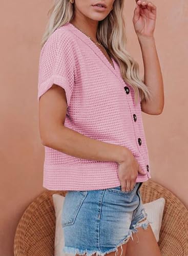 Image of Dokotoo Womens Summer Tops 2026 Waffle Knit Button Down Shirts Casual V Neck Short Sleeve Shacket Jacket Dressy Blouses