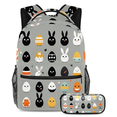 Sac à dos avec trousse motif œuf de lapin pour école ado