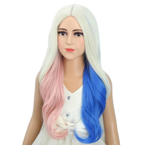 Image of Pink and Blue Wig for Kids Girls Long Blonde Mixed Pink Blue Wavy Curly Wig Children Middle Part Wigs Heat Resistant Synthetic Wigs with Cap