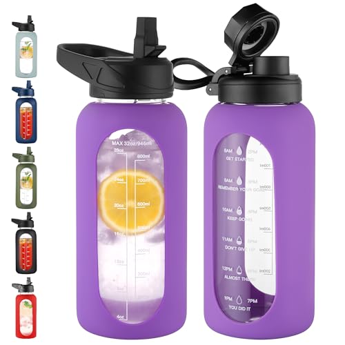 Image of CIVAGO 32 oz Glass Water Bottle with Straw and Handle, Large Sports Motivational Water Bottle Flask with Time Marker and 2 Lids, Leakproof Water Jug Canteen with Silicone Sleeve for Gym, Lilac