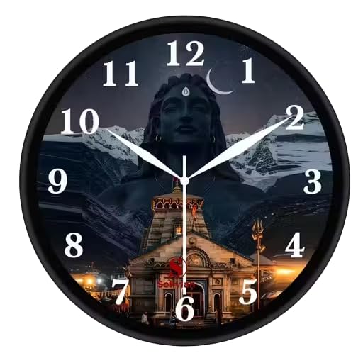 Image of Lord Shiva & Kedarnath Temple Wall Clock for Home Decor | Round Analog Mahadev Adiyogi Wall Clock | Silent Non-Ticking Spiritual Hindu Wall Art for Living Room, Bedroom & Puja Room, Black
