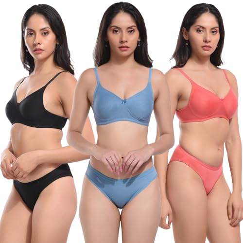 Image of REALSIDE Women Cotton Bra Panty Set for Lingerie Set|Bra Panty Set | Panty Bra Set for Women Women Lingerie Set A Beautiful Combo Pack of 3-Black,Green,Pink