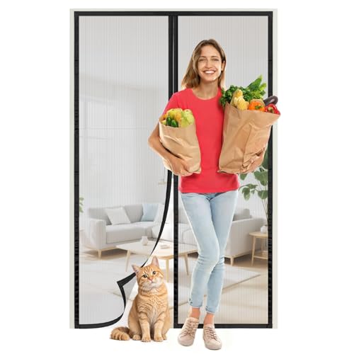 Mosquitera Magnética para Puerta 150x205 cm, Cierre Automático sin Taladros, Cortina Mosquitera para Balcón Salón Dormitorio, Negro