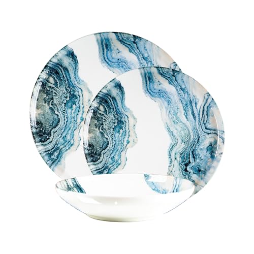 CER-POR Piatti Moderni ONDA BLUE Servizio Piatti 18 Pezzi In Porcellana Effetto Marmo Blu Per 6 Persone Eleganti