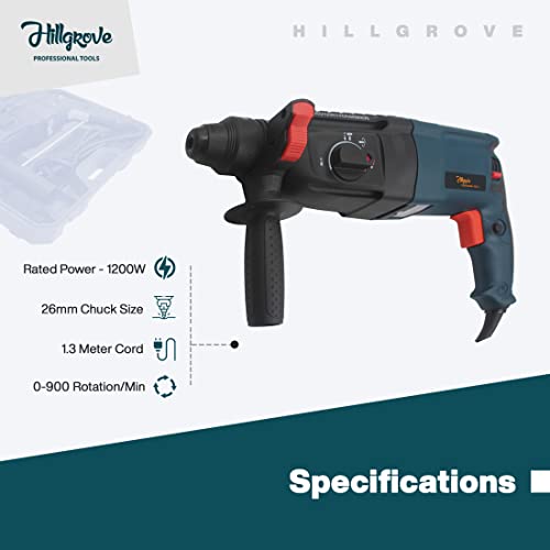 Image of Hillgrove HGCM121M1 26mm Hammer Impact Drill Machine Forward /Reverse Rotation with Drill Chunk(13mm),5 Pcs Hand Tools and HSS Drill Bits for Making Holes in Metal /Wood /Concrete Hammer Drill (1200W)
