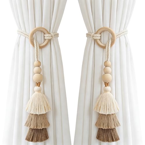 SPRFAIRY Boho Curtain Tiebacks with Wooden Beads & Tassel 2 Pack Beige