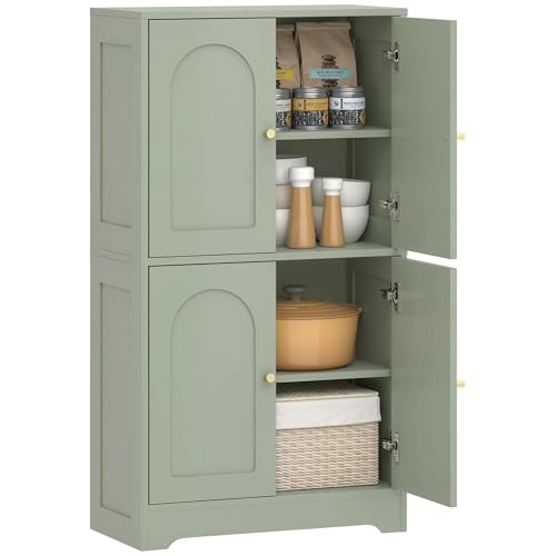 HOMCOM Armario de cocina de 110 cm, armario de almacenamiento independiente con 4 puertas arqueadas y 2 estantes ajustables, moderno armario de despensa para comedor, color verde