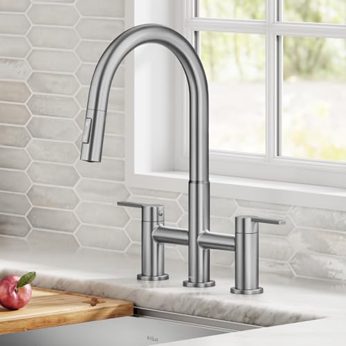 Image of KRAUS Oletto Bridge Kitchen Faucet with Pull-Down Sprayhead in Spot-Free Stainless Steel, KPF-3122SFS