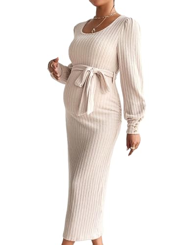 Makemechic 967598846-XXL Women'S Maternity Scoop Neck Lantern Sleeve Ribbed Belted Bodycon Midi Dress Khaki Xxl cover