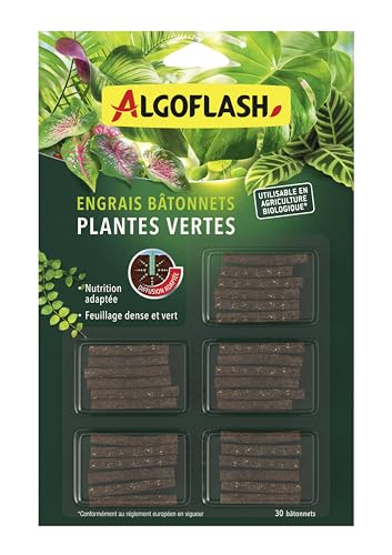 Algoflash Bâtonnets Engrais Plantes Vertes, Utilisable en Agriculture Biologique - 30 Bâtonnets, Marron
