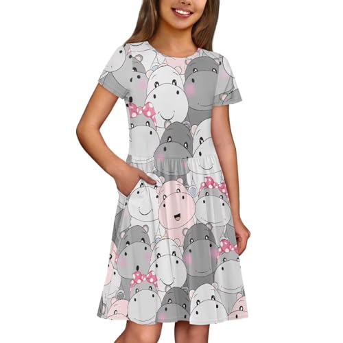 Girls Summer Dress Short Sleeve Swing Skater A-Line Funny Print Casual Party Dress with Pockets