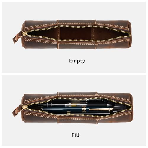 Image of ECHSRT Genuine Leather Pencil Pouch for Adults, Slim Cylinder Case, Coffee | Full-Grain Cowhide Leather, Crazy Horse Finish, Slim Cylinder Design, Single Zipper, Vintage Pen Organizer for Adults