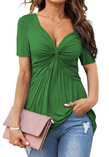 Image of Tankaneo Womens Front Knotted V-Neck Blouse T Shirt Short Sleeve Oversized Tunic Tops Summer Solid Pullover Tees