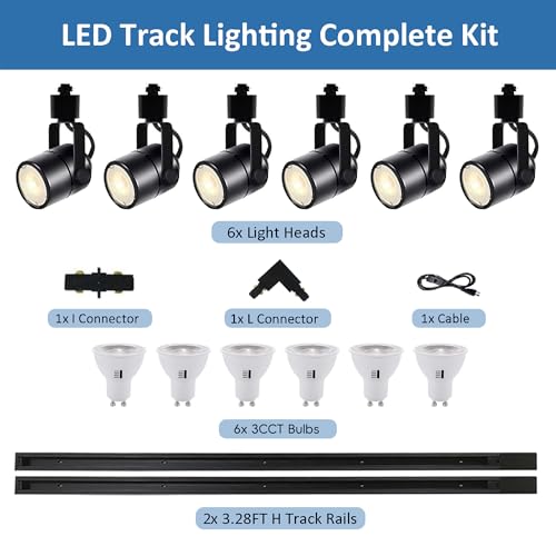 Image of 6 Packs White GU10 Track Lighting Kit 3CCT Adjustable | Dimmable LED Ceiling Spotlight 10W Replaceable Bulbs 6.56FT H-Type Track Rail Complete Lighting System