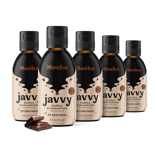 Image of Javvy Cold Brew Coffee Concentrate Instant Coffee, Mocha, 5 Pack | 100% Real Coffee, 0g Sugar, No Artificial Flavors, 60-80mg Caffeine per Serving, Gluten Free, Makes Hot or Iced Coffee