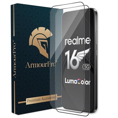 Image of ArmourPro Tempered Glass for Realme 16-9H Anti Scratch Screen Protector, Edge to Edge Coverage, HD Clarity, Smooth Touch, Case Friendly | Black, Pack of 2
