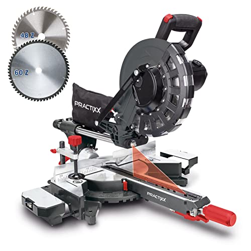 Practixx by Scheppach Scie à onglet PX-KZS-254 avec démarrage progressif & laser | Puissance 2000W | Lame Ø255mm | Largeur/hauteur de coupe : 340mm x 90mm | Table tournante | Seconde lame incluse Cover