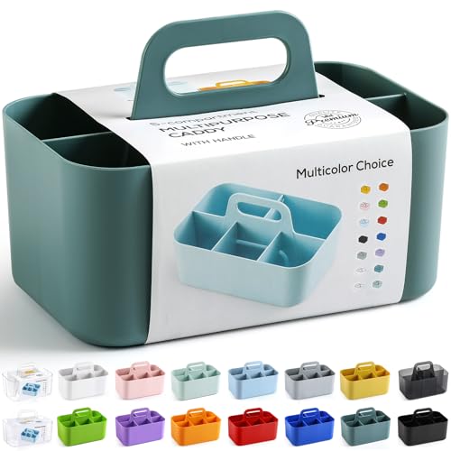 Multiuse Caddy Organizer with Handle - Stackable Plastic Tote Bin - Art Craft Supplies, Office, Desk, Stationery Pen Holder, Kitchen, Utensil, Makeup, Bathroom, Shower, Cleaning, Dorm Organizer - Cyan